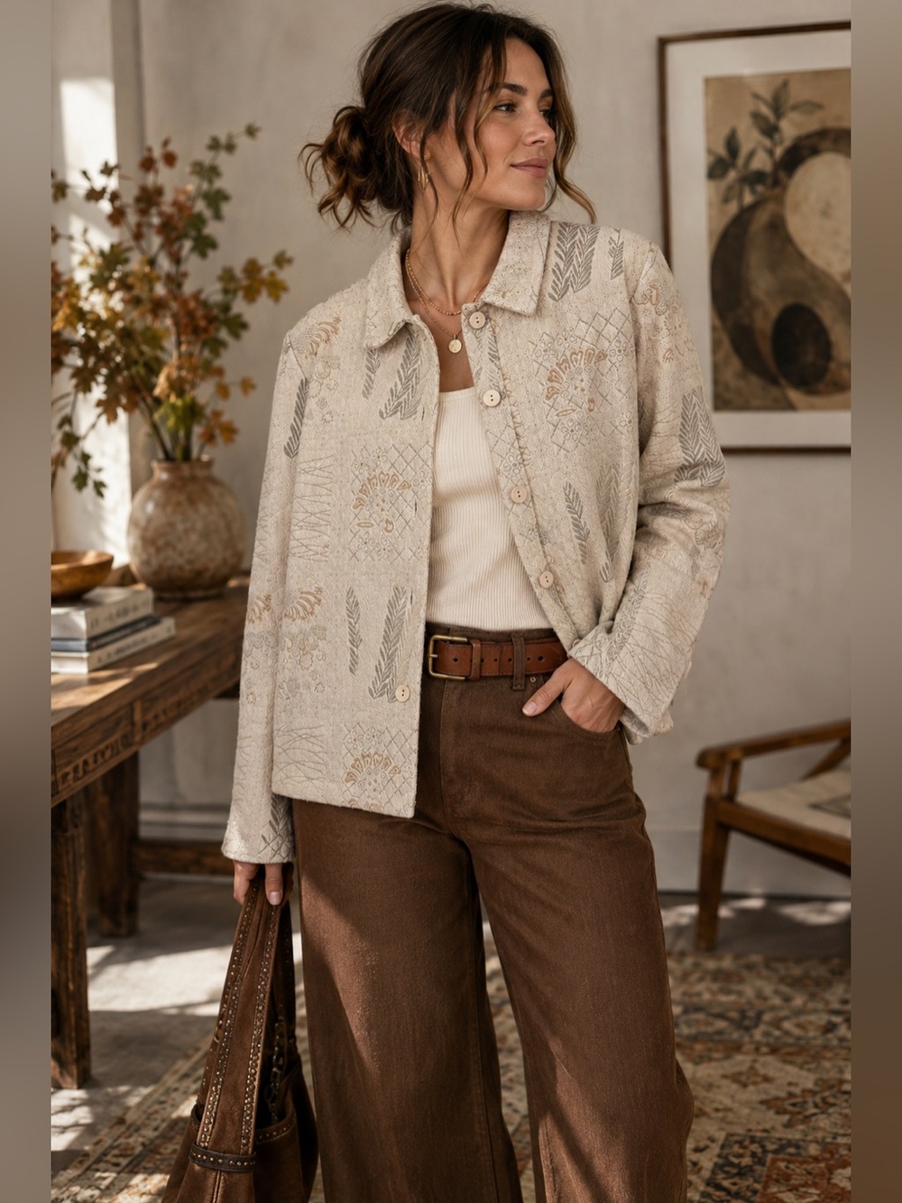 Coldwater Creek Tapestry Jacket Large Cream Boho Botanical Button Front